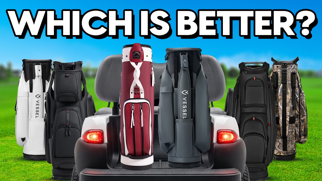 Golf bags displayed behind cart with comparison text