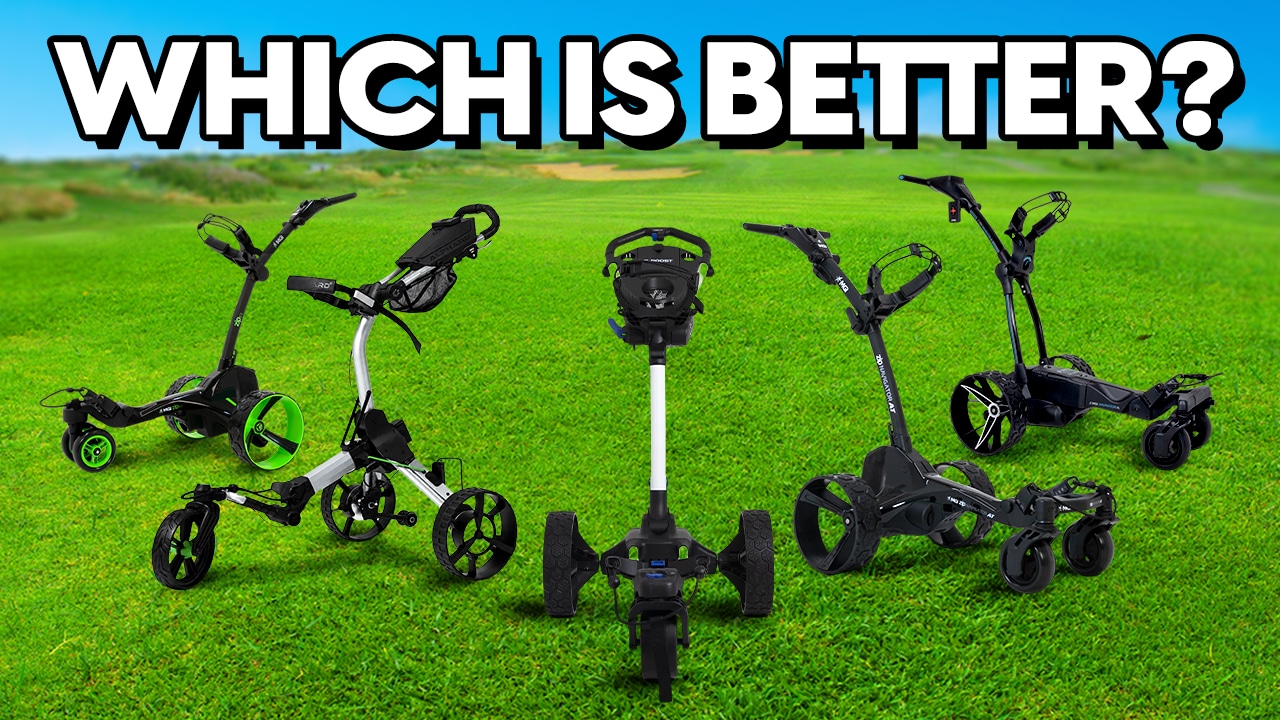 Electric golf push carts on grassy course