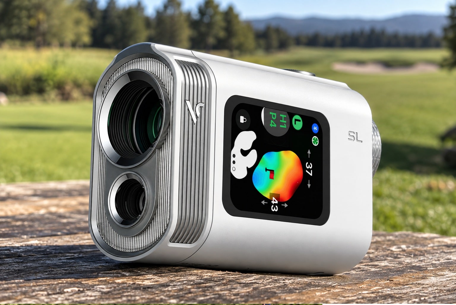 Portable golf rangefinder with touchscreen on a course