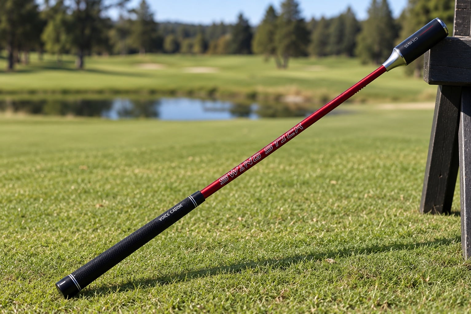Red golf alignment stick beside a pond